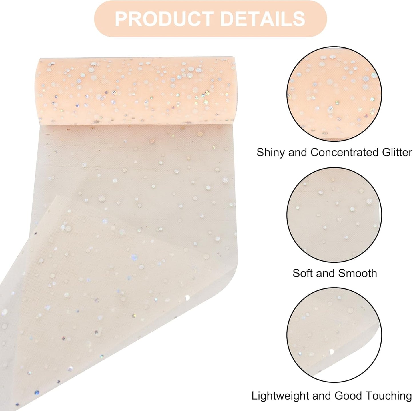 Peach Pink Glitter Tulle Rolls 6 Inch by 10 Yards Sequin Tulle Fabric Ribbon for DIY Tutu Skirt Sewing Bow Decorations Craft Supplies Birthday Wedding Baby Shower Party Decoration