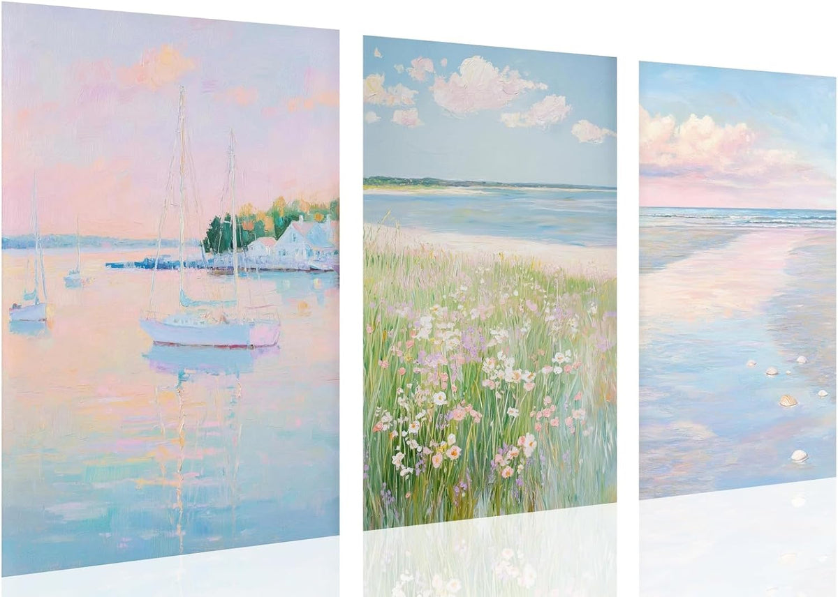 Coastal Pink Wall Art Set of 3 Maximalist Ocean & Beach Landscape Canvas Poster Trendy Sailboats Flowers Sunset Painting Pastel Picture Prints for Bedroom Home Decor 12x18inch Unframed