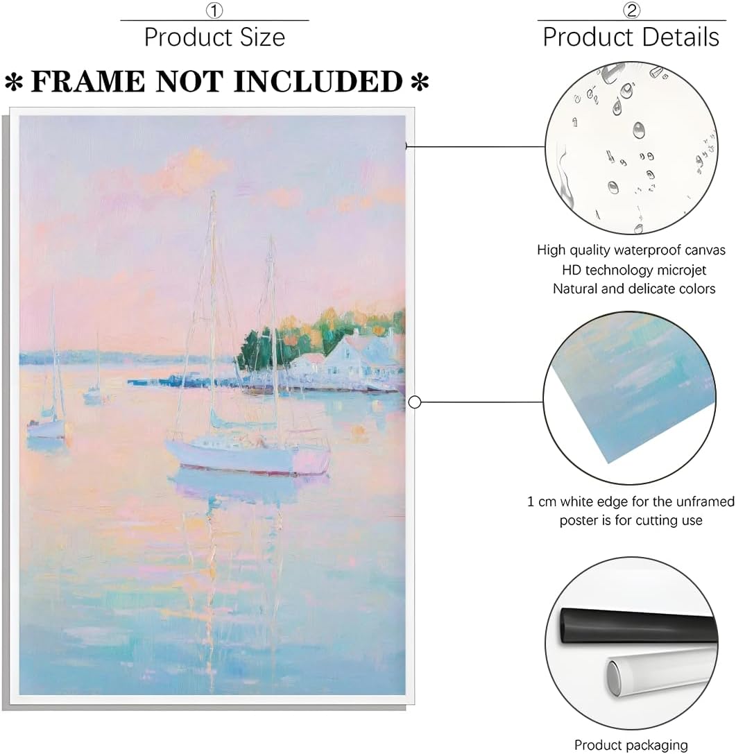 Coastal Pink Wall Art Set of 3 Maximalist Ocean & Beach Landscape Canvas Poster Trendy Sailboats Flowers Sunset Painting Pastel Picture Prints for Bedroom Home Decor 12x18inch Unframed