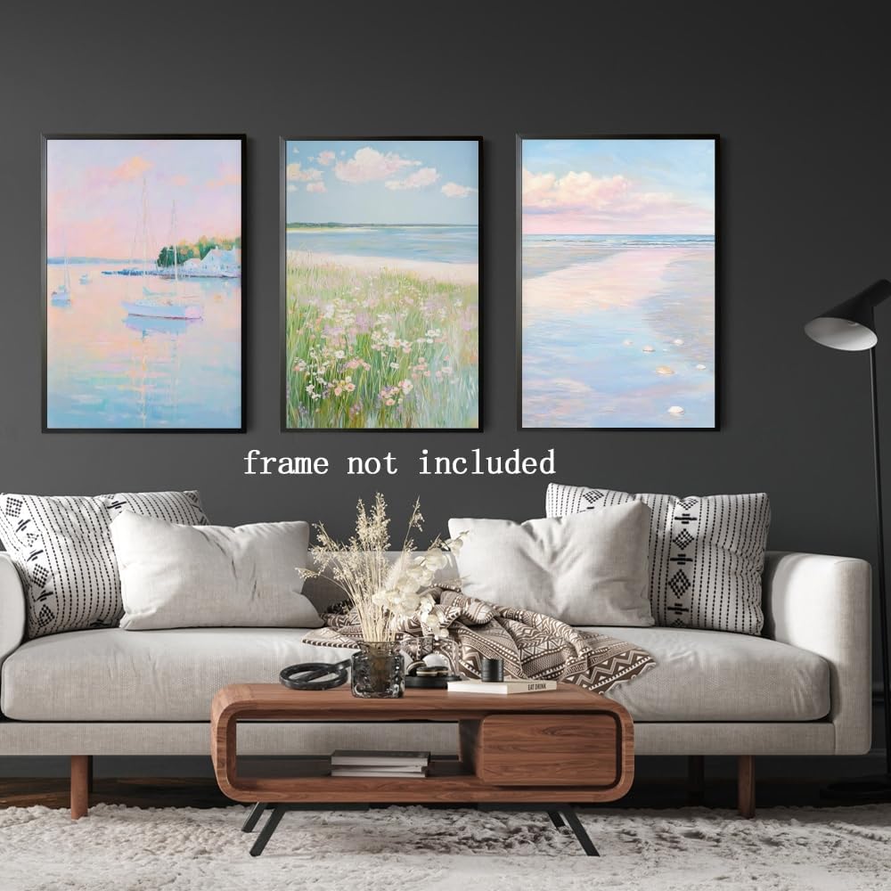 Coastal Pink Wall Art Set of 3 Maximalist Ocean & Beach Landscape Canvas Poster Trendy Sailboats Flowers Sunset Painting Pastel Picture Prints for Bedroom Home Decor 12x18inch Unframed