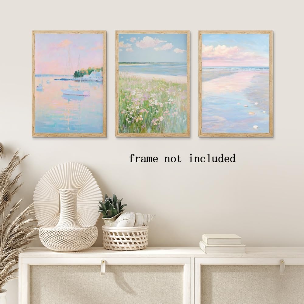 Coastal Pink Wall Art Set of 3 Maximalist Ocean & Beach Landscape Canvas Poster Trendy Sailboats Flowers Sunset Painting Pastel Picture Prints for Bedroom Home Decor 12x18inch Unframed