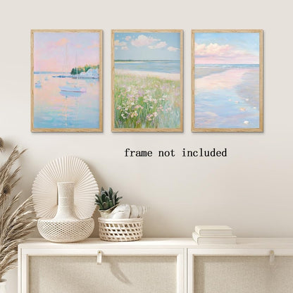 Coastal Pink Wall Art Set of 3 Maximalist Ocean & Beach Landscape Canvas Poster Trendy Sailboats Flowers Sunset Painting Pastel Picture Prints for Bedroom Home Decor 12x18inch Unframed