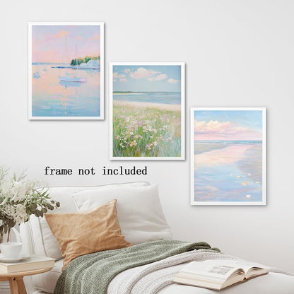 Coastal Pink Wall Art Set of 3 Maximalist Ocean & Beach Landscape Canvas Poster Trendy Sailboats Flowers Sunset Painting Pastel Picture Prints for Bedroom Home Decor 12x18inch Unframed
