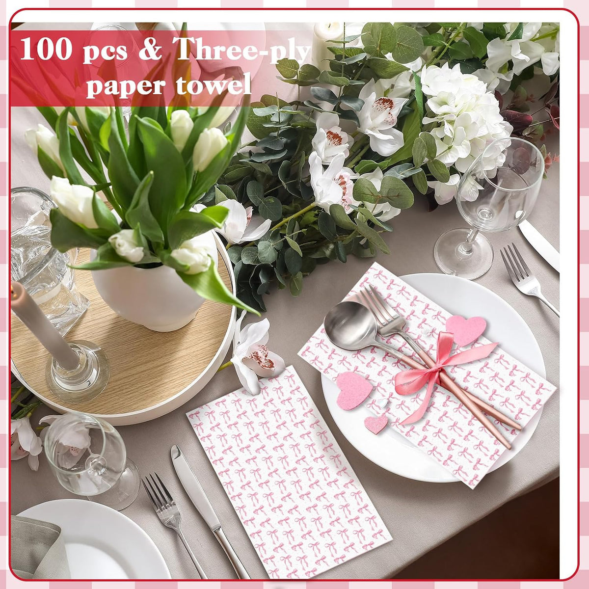 100 Pack Pink Coquette Bow Napkins Disposable Folded Paper Towel Bow Party Supplies for Birthday Bridal Shower Bachelorette Bathroom wedding Engagement Decoration