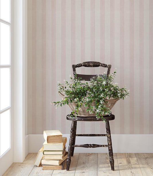 Pink and Beige Striped Peel and Stick Wallpaper, Cottage Farmhouse Style Self-Adhesive for Bathroom, Laundry Room, Girls Room and Bedroom, Made from Fabric Material Works on Textured Walls