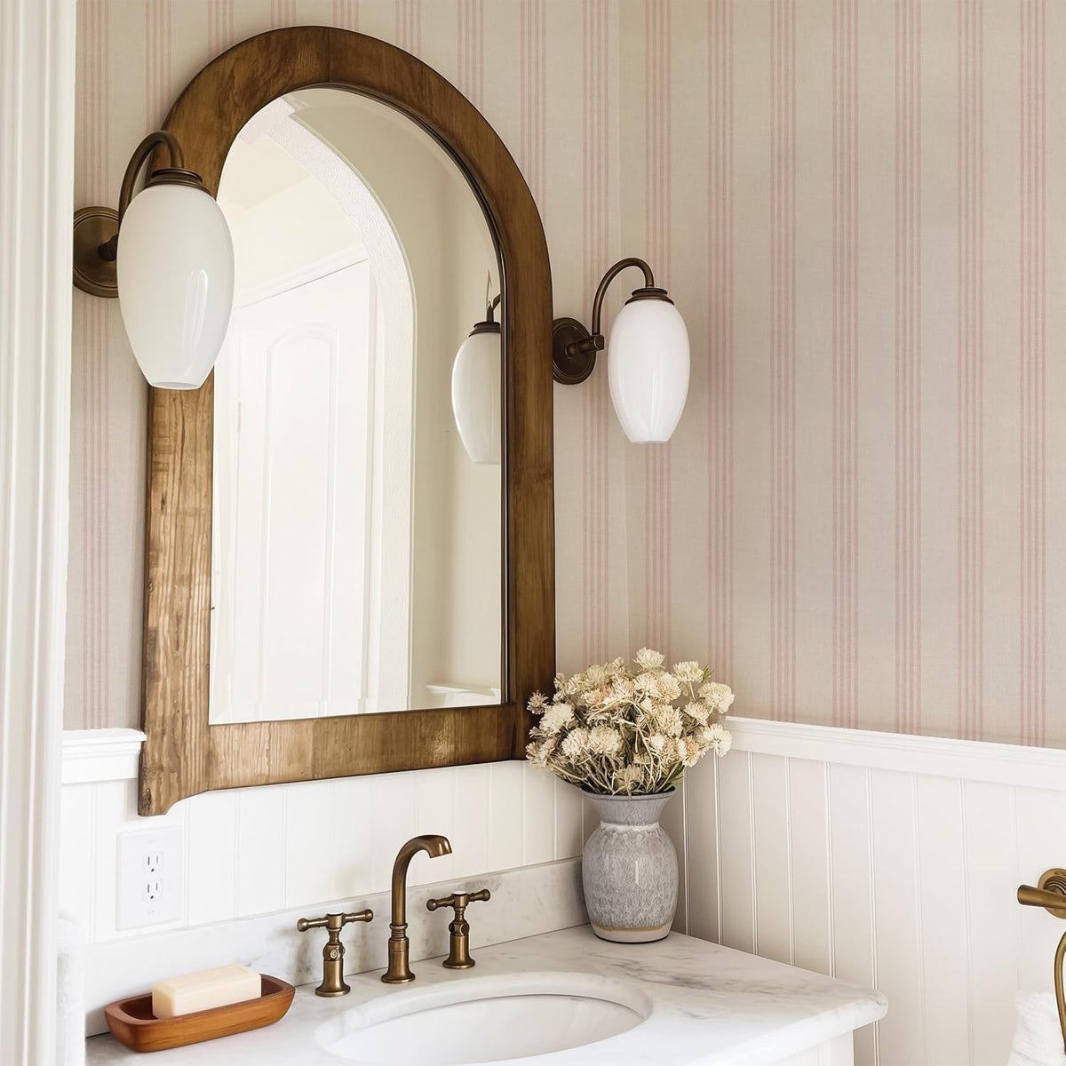 Pink and Beige Striped Peel and Stick Wallpaper, Cottage Farmhouse Style Self-Adhesive for Bathroom, Laundry Room, Girls Room and Bedroom, Made from Fabric Material Works on Textured Walls