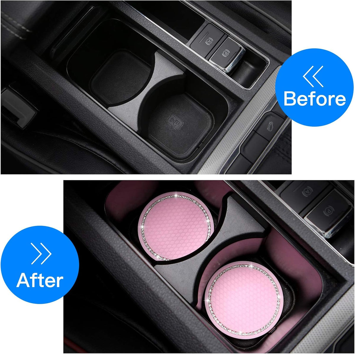 2 Pack Bling Cup Holder Insert Coasters, 2.75 Inch Soft Crystal Rhinestone Rubber Pad Set Round Auto Drink Coaster Car Interior Accessories (Pink)