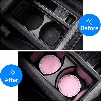 2 Pack Bling Cup Holder Insert Coasters, 2.75 Inch Soft Crystal Rhinestone Rubber Pad Set Round Auto Drink Coaster Car Interior Accessories (Pink)