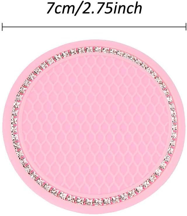 2 Pack Bling Cup Holder Insert Coasters, 2.75 Inch Soft Crystal Rhinestone Rubber Pad Set Round Auto Drink Coaster Car Interior Accessories (Pink)
