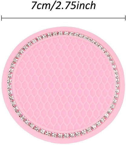 2 Pack Bling Cup Holder Insert Coasters, 2.75 Inch Soft Crystal Rhinestone Rubber Pad Set Round Auto Drink Coaster Car Interior Accessories (Pink)