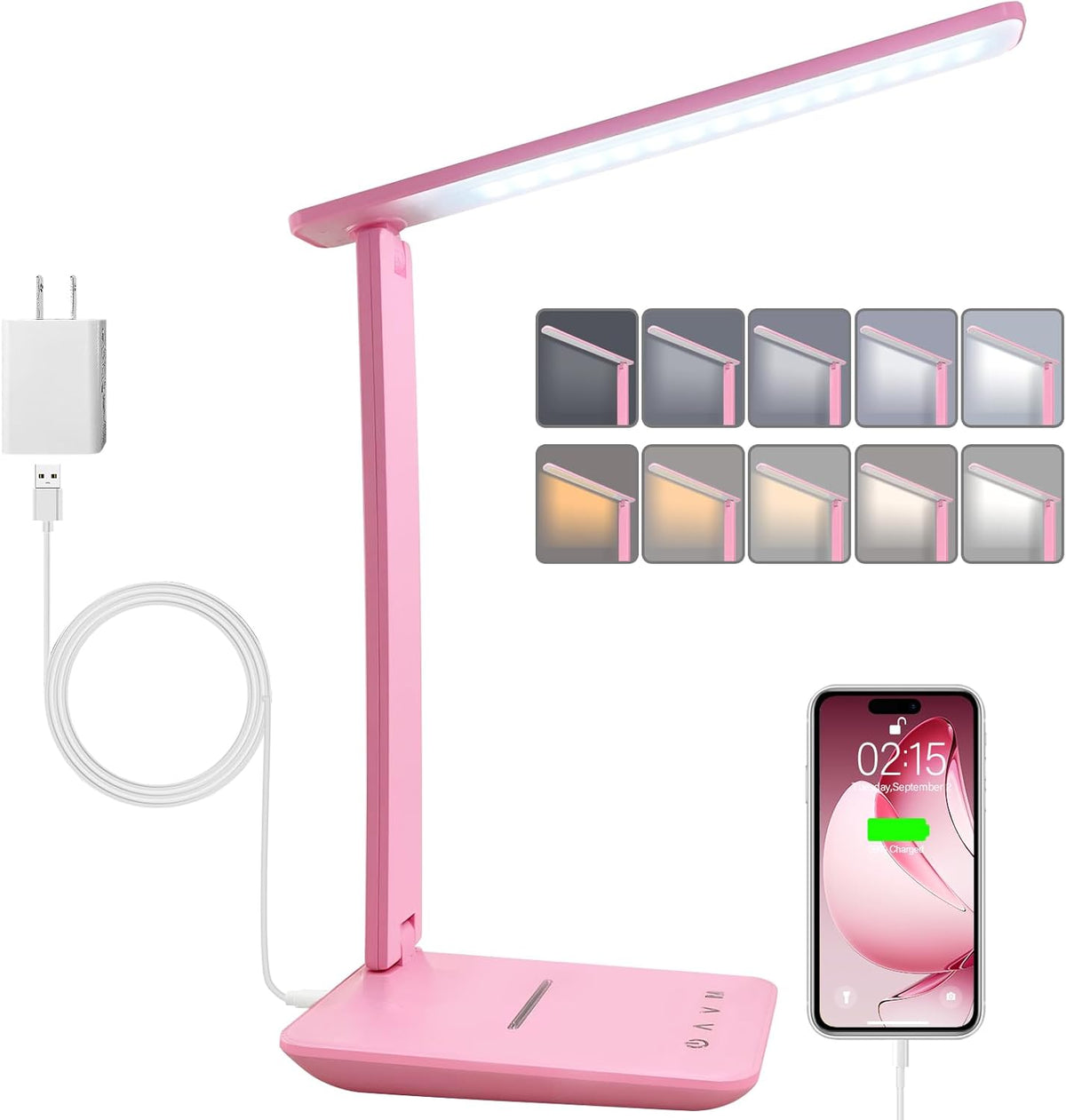 LED Desk Lamp Dimmable Table Lamp with USB Charging Port, 5 Lighting Modes, Sensitive Control, Foldable Portable Desk Light for Home Office Bedroom Reading (Pink, Standard Size - 13.3 inch)