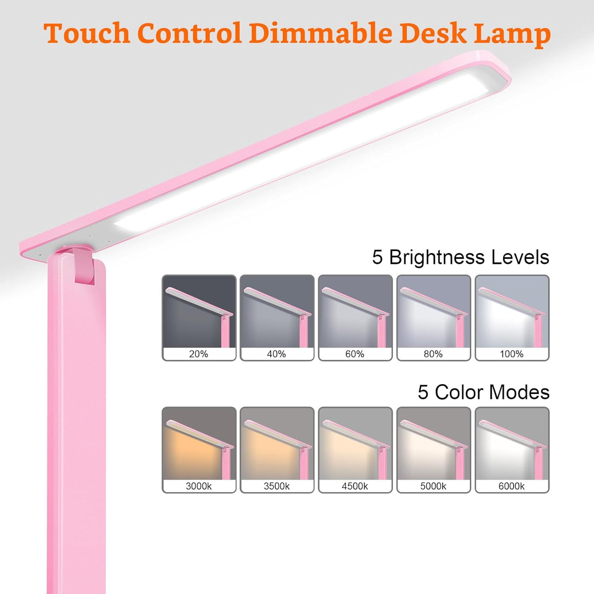 LED Desk Lamp Dimmable Table Lamp with USB Charging Port, 5 Lighting Modes, Sensitive Control, Foldable Portable Desk Light for Home Office Bedroom Reading (Pink, Standard Size - 13.3 inch)