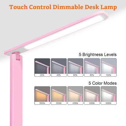 LED Desk Lamp Dimmable Table Lamp with USB Charging Port, 5 Lighting Modes, Sensitive Control, Foldable Portable Desk Light for Home Office Bedroom Reading (Pink, Standard Size - 13.3 inch)