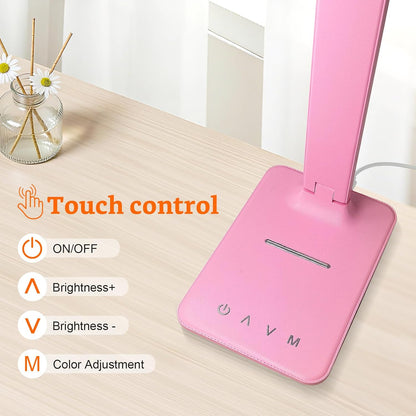 LED Desk Lamp Dimmable Table Lamp with USB Charging Port, 5 Lighting Modes, Sensitive Control, Foldable Portable Desk Light for Home Office Bedroom Reading (Pink, Standard Size - 13.3 inch)