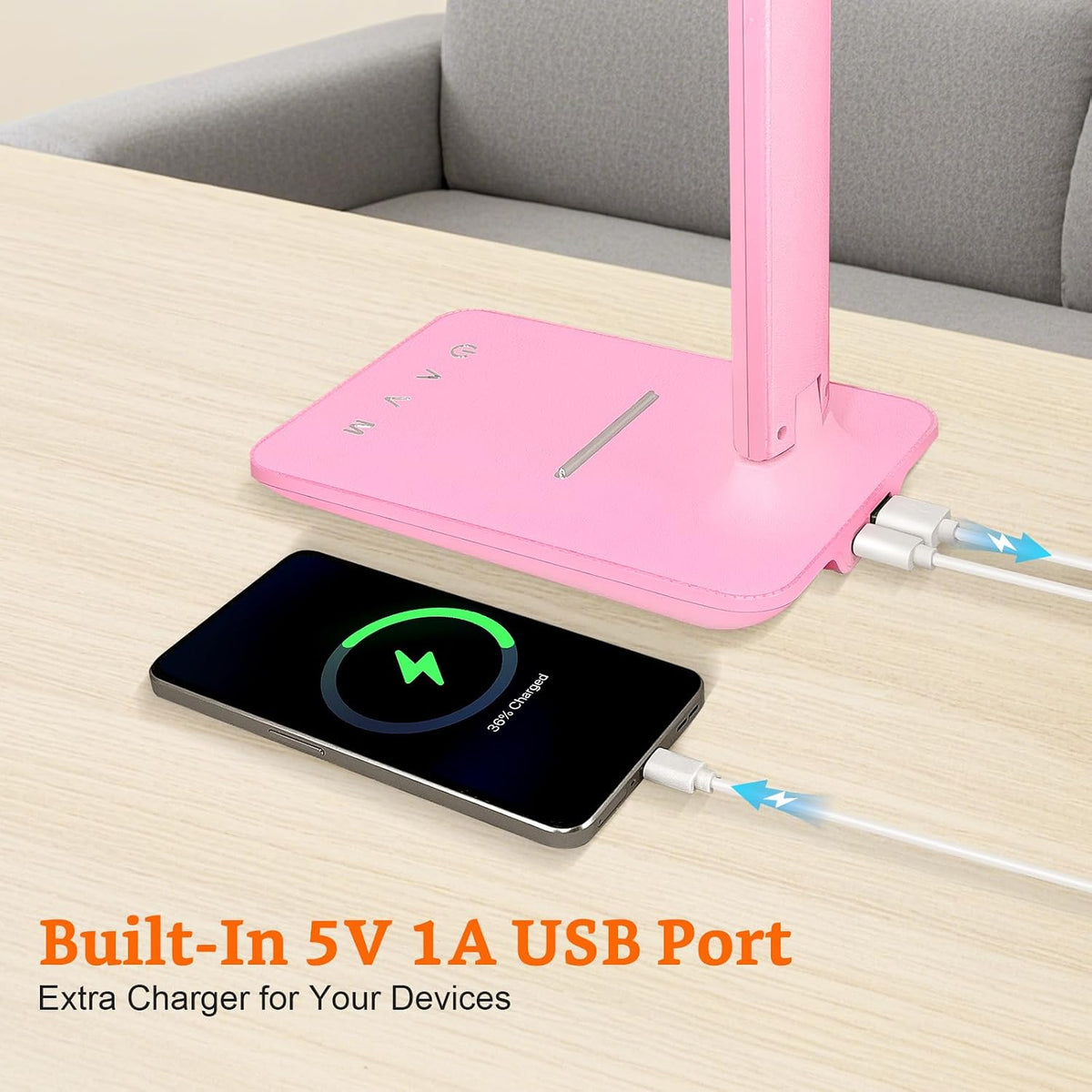 LED Desk Lamp Dimmable Table Lamp with USB Charging Port, 5 Lighting Modes, Sensitive Control, Foldable Portable Desk Light for Home Office Bedroom Reading (Pink, Standard Size - 13.3 inch)