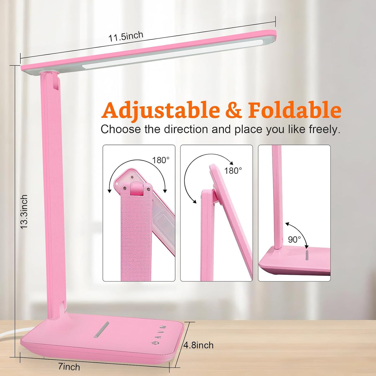 LED Desk Lamp Dimmable Table Lamp with USB Charging Port, 5 Lighting Modes, Sensitive Control, Foldable Portable Desk Light for Home Office Bedroom Reading (Pink, Standard Size - 13.3 inch)