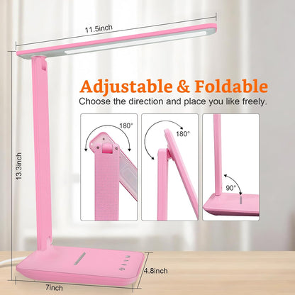 LED Desk Lamp Dimmable Table Lamp with USB Charging Port, 5 Lighting Modes, Sensitive Control, Foldable Portable Desk Light for Home Office Bedroom Reading (Pink, Standard Size - 13.3 inch)