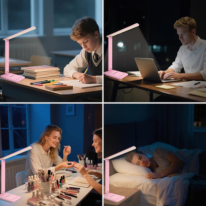 LED Desk Lamp Dimmable Table Lamp with USB Charging Port, 5 Lighting Modes, Sensitive Control, Foldable Portable Desk Light for Home Office Bedroom Reading (Pink, Standard Size - 13.3 inch)