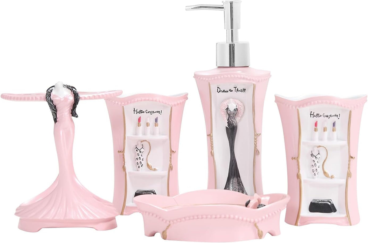 Pink Bathroom Accessories Set 5 Pcs - Soap Dispenser, Toothbrush Holder, Bathroom Tumbler, Soap Dish, Pink Bathroom Decor