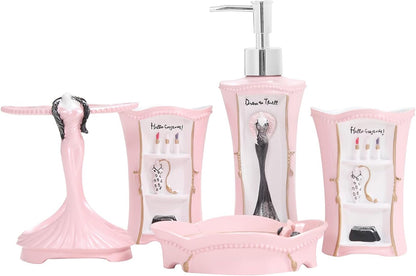 Pink Bathroom Accessories Set 5 Pcs - Soap Dispenser, Toothbrush Holder, Bathroom Tumbler, Soap Dish, Pink Bathroom Decor