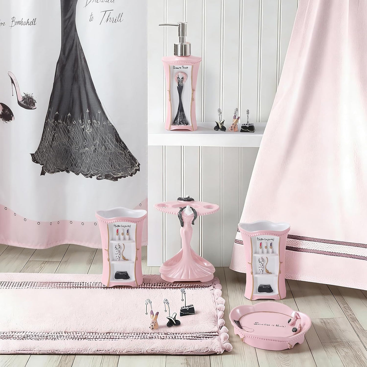 Pink Bathroom Accessories Set 5 Pcs - Soap Dispenser, Toothbrush Holder, Bathroom Tumbler, Soap Dish, Pink Bathroom Decor
