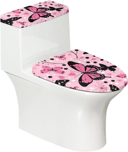 Pink Butterfly Toilet Lid Cover and Toilet Tank Cover Soft Plush Seat Covers Tank Lip Covers Fits Most Toilet Tanks & Lids Bathroom Decoration Accessories