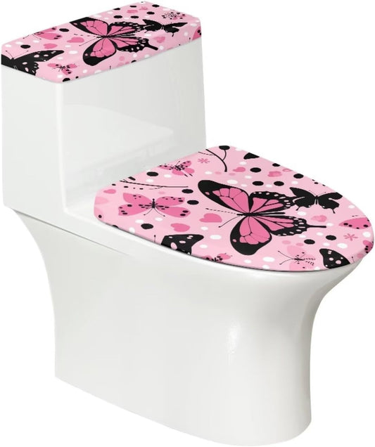 Pink Butterfly Toilet Lid Cover and Toilet Tank Cover Soft Plush Seat Covers Tank Lip Covers Fits Most Toilet Tanks & Lids Bathroom Decoration Accessories