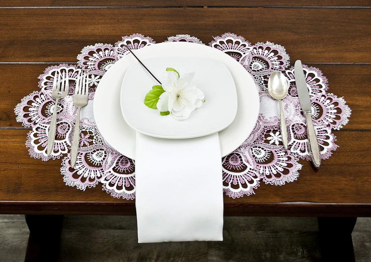 White Mauve Rose Jacquard Lace Place Mat Doily Dresser Scarf Table Runner Pink (14Wx21L)