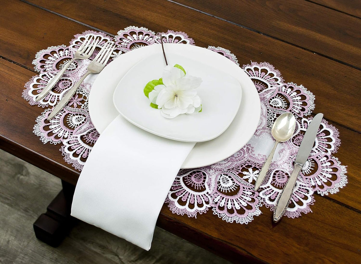 White Mauve Rose Jacquard Lace Place Mat Doily Dresser Scarf Table Runner Pink (14Wx21L)