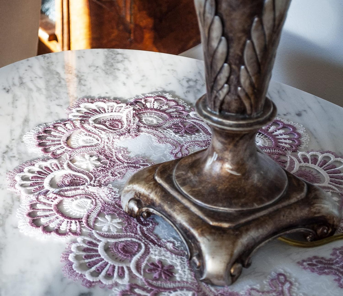 White Mauve Rose Jacquard Lace Place Mat Doily Dresser Scarf Table Runner Pink (14Wx21L)