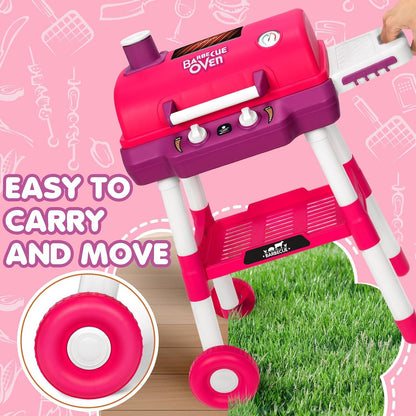 Kids Play Kitchen Toys, Kids BBQ Grill Playset with Smoke Sound Light, 2-Layer Barbecue Toy with Wheels, Outdoor Play Food Toys Cooking Set for Toddler 3-5, Birthday for Boy Girl (Pink)