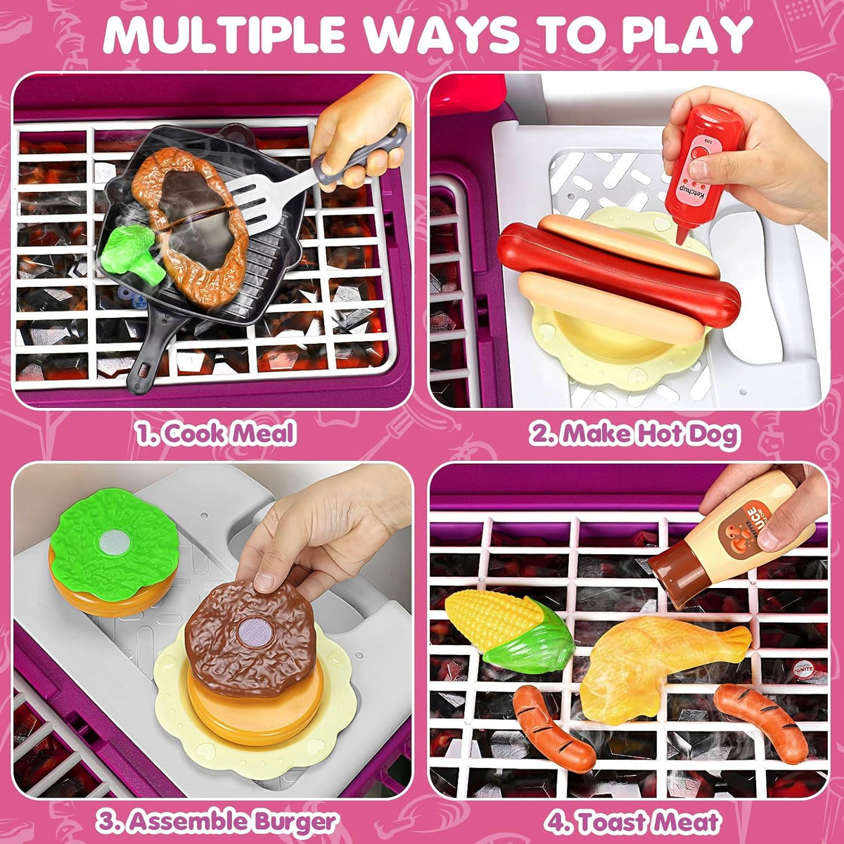 Kids Play Kitchen Toys, Kids BBQ Grill Playset with Smoke Sound Light, 2-Layer Barbecue Toy with Wheels, Outdoor Play Food Toys Cooking Set for Toddler 3-5, Birthday for Boy Girl (Pink)