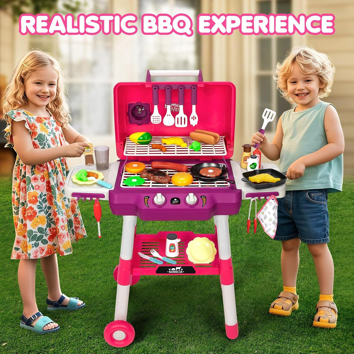 Kids Play Kitchen Toys, Kids BBQ Grill Playset with Smoke Sound Light, 2-Layer Barbecue Toy with Wheels, Outdoor Play Food Toys Cooking Set for Toddler 3-5, Birthday for Boy Girl (Pink)