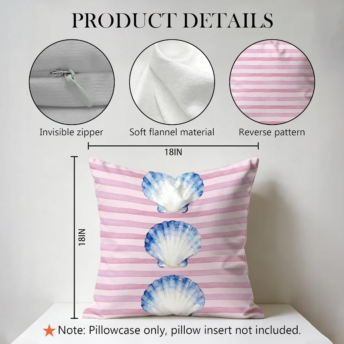 Seashell Pillow Cover 18x18 Double-Sided, Preppy Beach Room Decor, Coastal Beach Pink Striped Decorative Pillowcase Throw Pillow Cover for Couch Bed Dorm Apartment