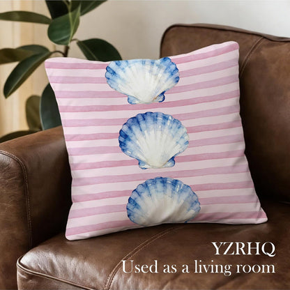 Seashell Pillow Cover 18x18 Double-Sided, Preppy Beach Room Decor, Coastal Beach Pink Striped Decorative Pillowcase Throw Pillow Cover for Couch Bed Dorm Apartment
