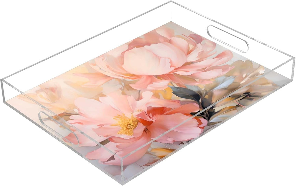 Plastic Food Serving Tray Decorative Vanity Trays for Bathroom Pink Peony Coffee Table Kitchen Counter 11.8 * 15.7in