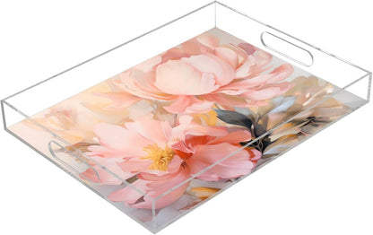Plastic Food Serving Tray Decorative Vanity Trays for Bathroom Pink Peony Coffee Table Kitchen Counter 11.8 * 15.7in