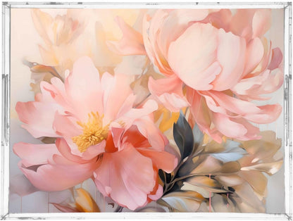 Plastic Food Serving Tray Decorative Vanity Trays for Bathroom Pink Peony Coffee Table Kitchen Counter 11.8 * 15.7in