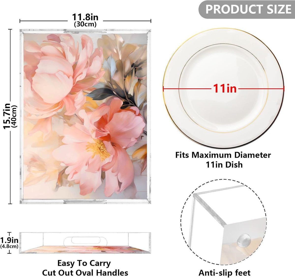Plastic Food Serving Tray Decorative Vanity Trays for Bathroom Pink Peony Coffee Table Kitchen Counter 11.8 * 15.7in