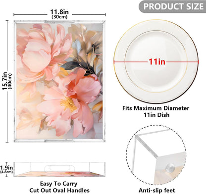 Plastic Food Serving Tray Decorative Vanity Trays for Bathroom Pink Peony Coffee Table Kitchen Counter 11.8 * 15.7in