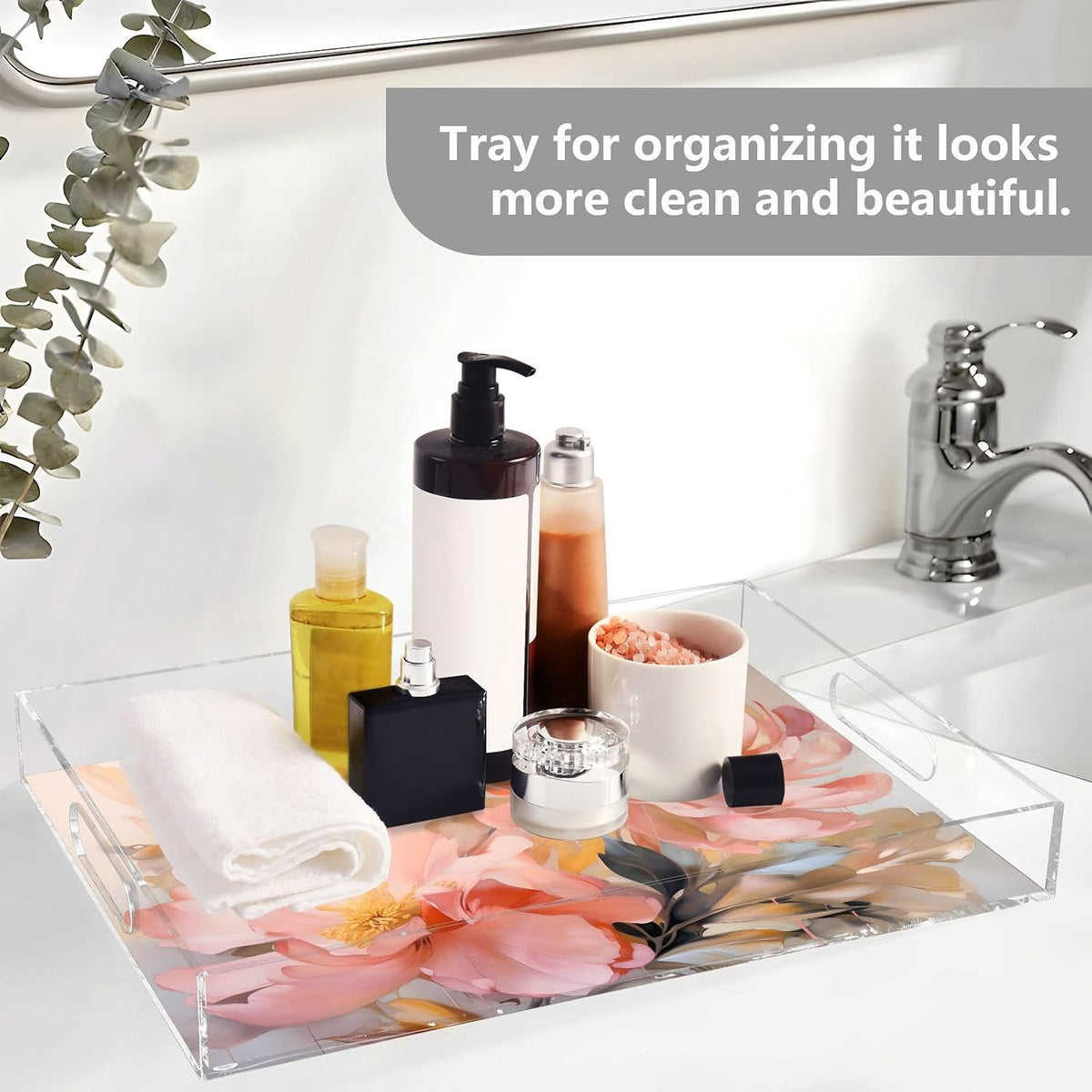 Plastic Food Serving Tray Decorative Vanity Trays for Bathroom Pink Peony Coffee Table Kitchen Counter 11.8 * 15.7in