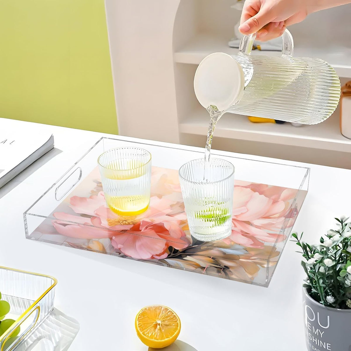 Plastic Food Serving Tray Decorative Vanity Trays for Bathroom Pink Peony Coffee Table Kitchen Counter 11.8 * 15.7in