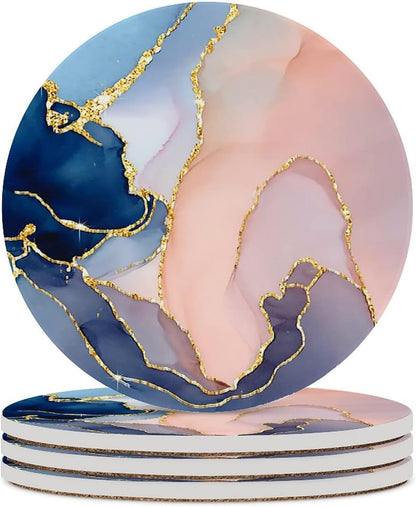Pink Gold Marble Drink Absorbent Coaster,Pretty Marble Design Ceramic Drink Coaster with Cork Base,Housewarming Gifts,Tabletop Protection Suitable for Kinds of Cups(Pack of 4)