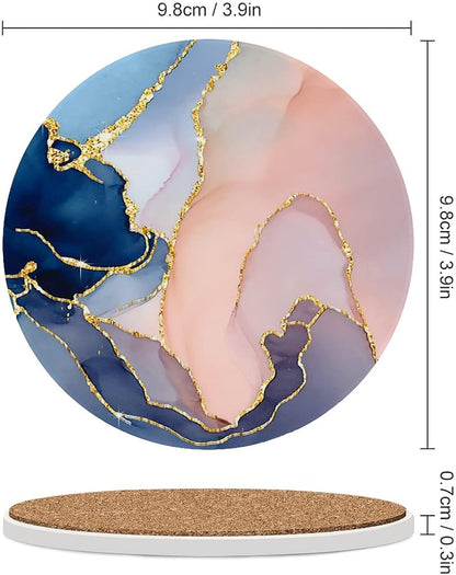 Pink Gold Marble Drink Absorbent Coaster,Pretty Marble Design Ceramic Drink Coaster with Cork Base,Housewarming Gifts,Tabletop Protection Suitable for Kinds of Cups(Pack of 4)