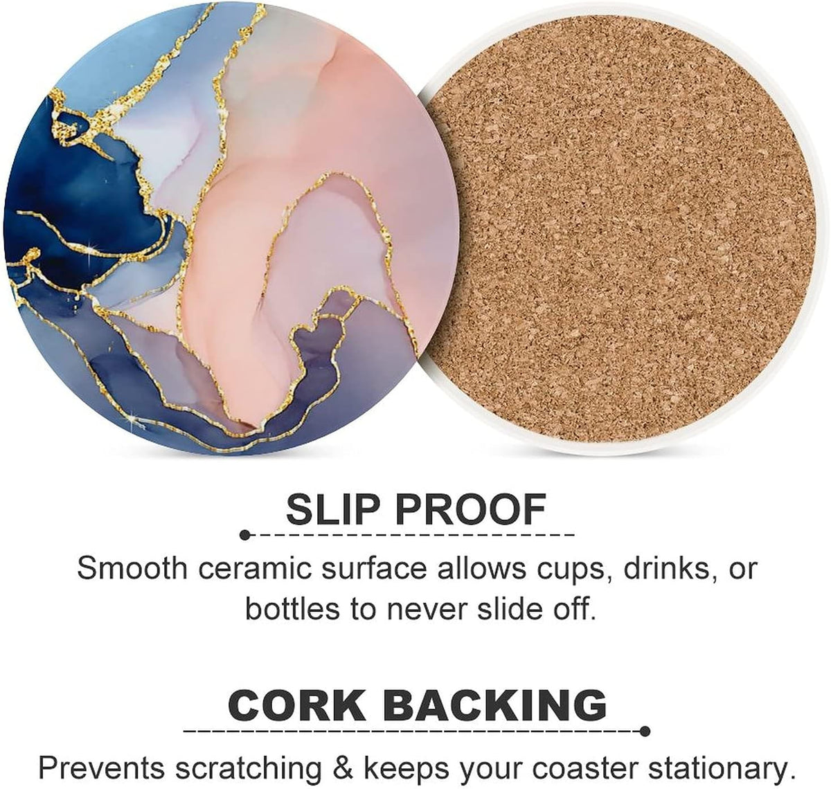 Pink Gold Marble Drink Absorbent Coaster,Pretty Marble Design Ceramic Drink Coaster with Cork Base,Housewarming Gifts,Tabletop Protection Suitable for Kinds of Cups(Pack of 4)