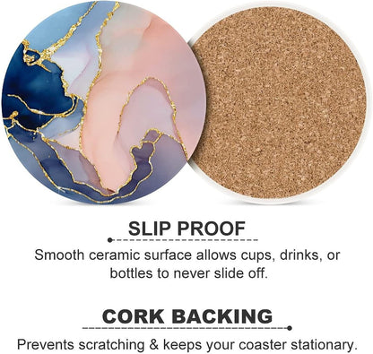 Pink Gold Marble Drink Absorbent Coaster,Pretty Marble Design Ceramic Drink Coaster with Cork Base,Housewarming Gifts,Tabletop Protection Suitable for Kinds of Cups(Pack of 4)