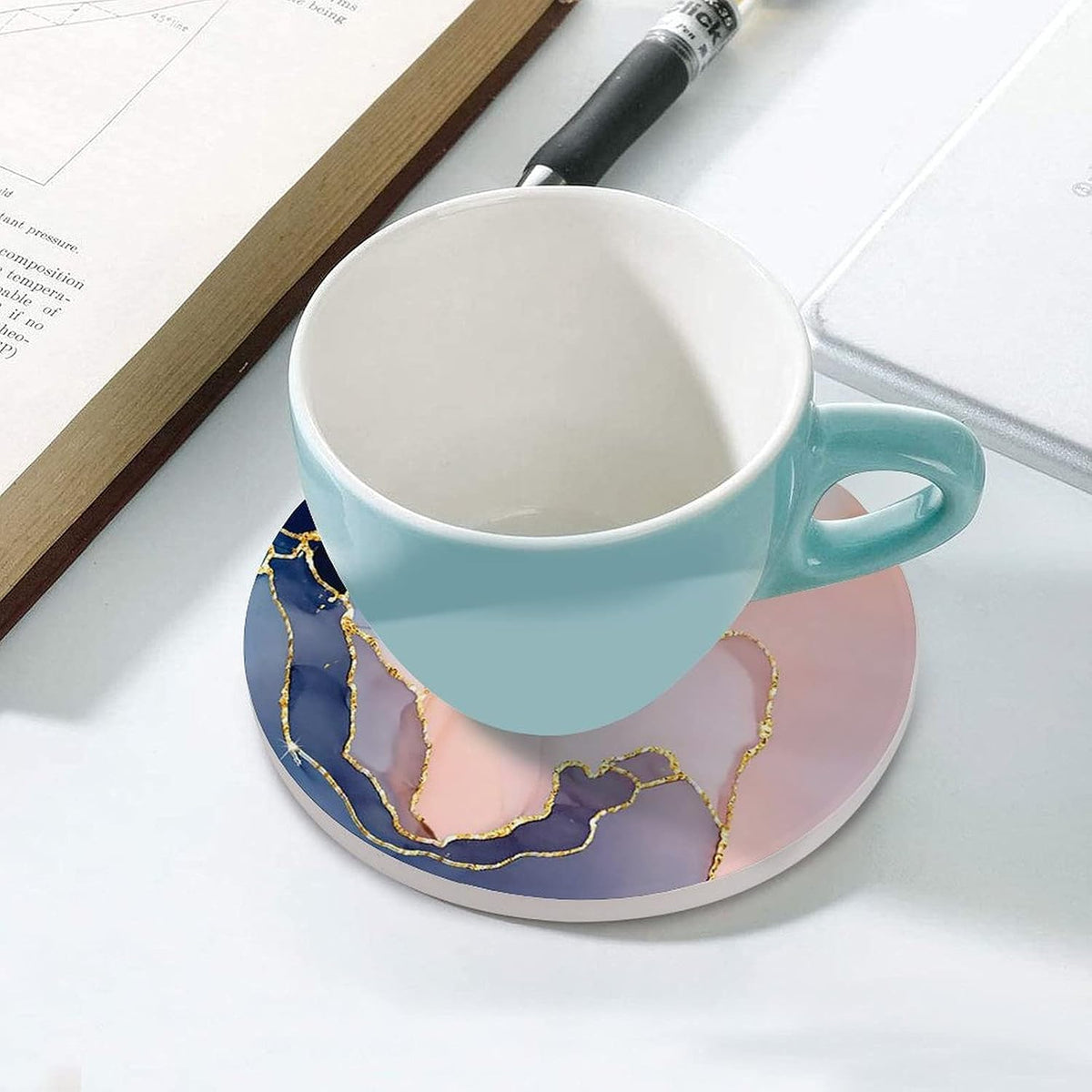 Pink Gold Marble Drink Absorbent Coaster,Pretty Marble Design Ceramic Drink Coaster with Cork Base,Housewarming Gifts,Tabletop Protection Suitable for Kinds of Cups(Pack of 4)