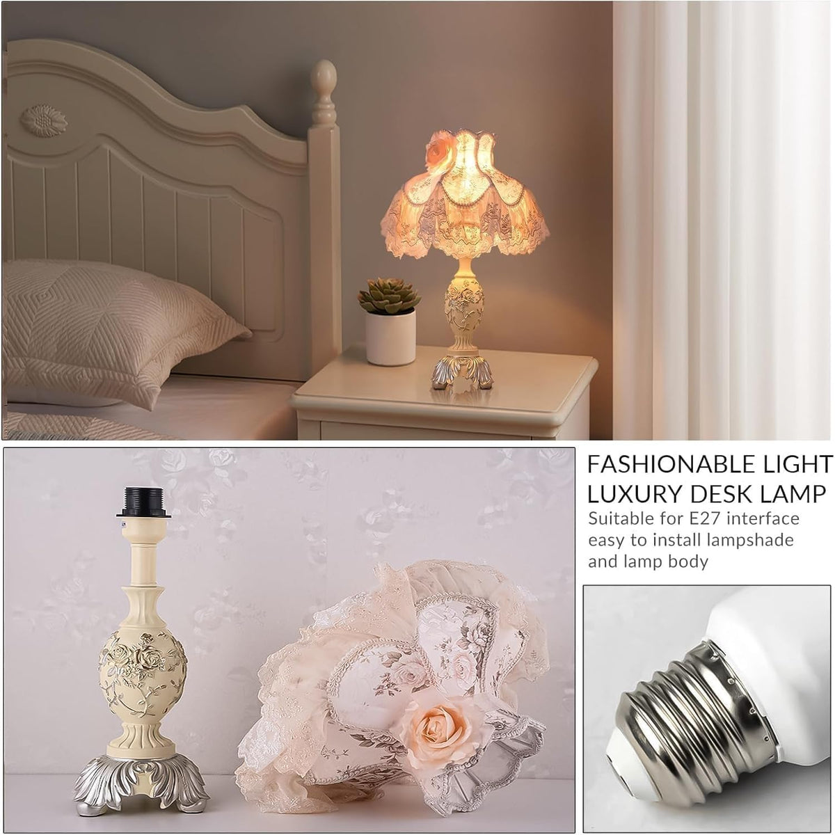 Pink European Style Desk Lamp Fabric Shade,Victorian Table with E27 Bulb Button Switch Vintage Lamps Office Study