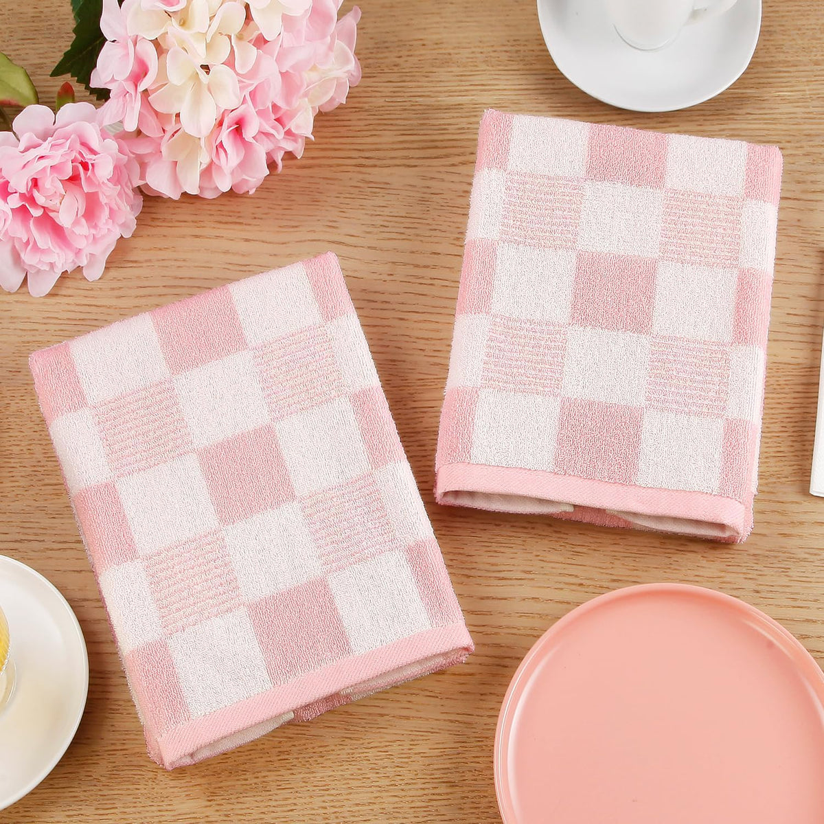 Pink Hand Towels Checkered Cute for Bathroom Kitchen Bath