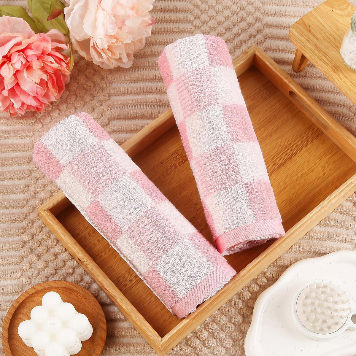 Pink Hand Towels Checkered Cute for Bathroom Kitchen Bath